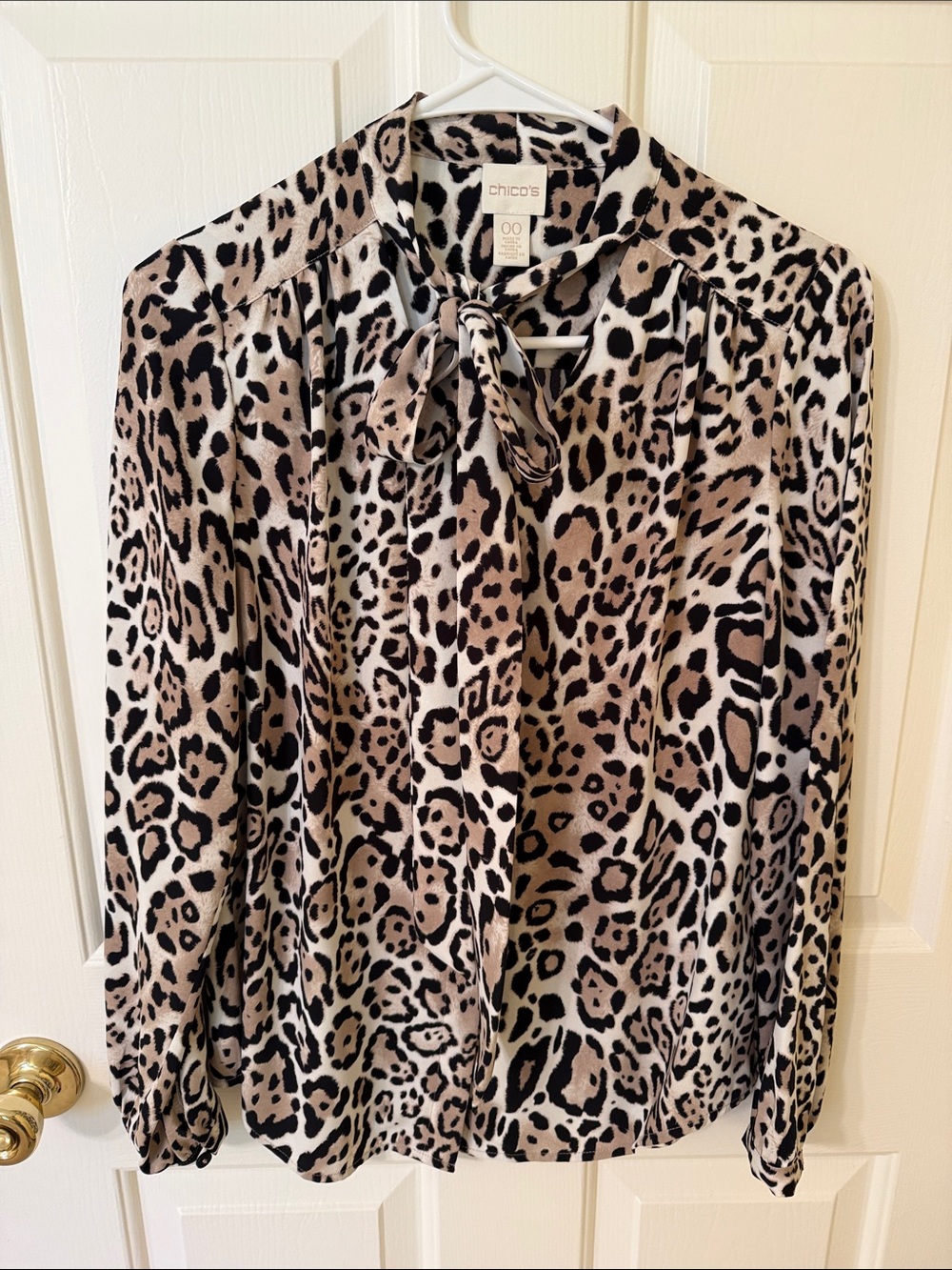 Chico's Leopard-Print Tie-Neck Blouse - Beige, Black